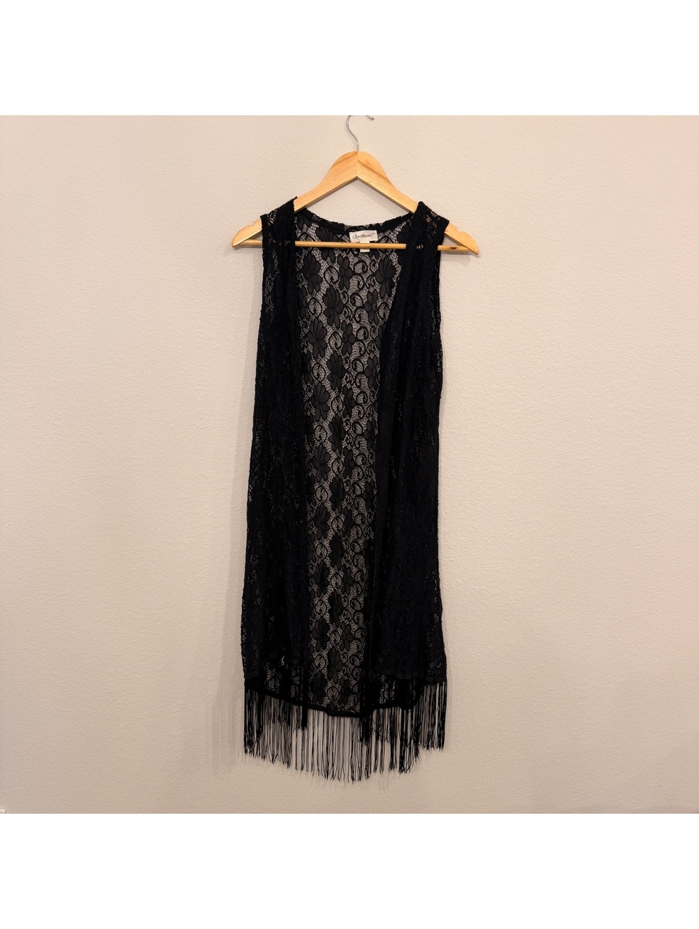 Black Lace Fringe Duster Vest Boho Goth M